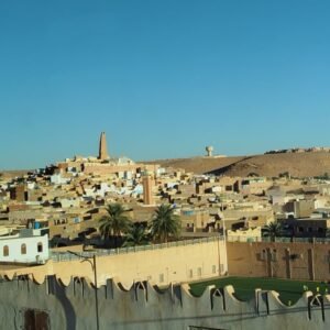 Terraced Mozabite town with its minaret crowning the hill, M'Zab Valley near Ghardaia, Algeria